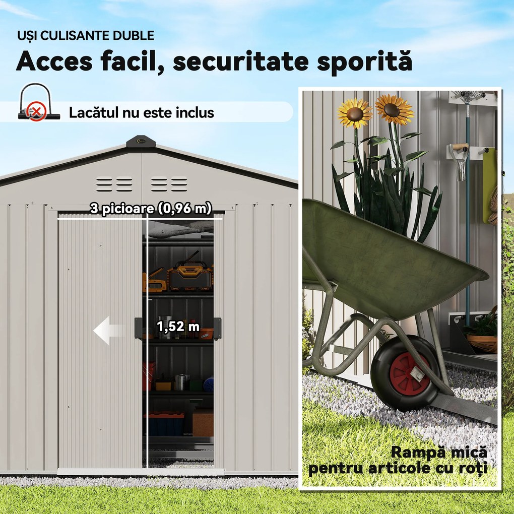 Outsunny Magazie de Grădină 4,9 m² 277x195x192 cm cu 2 Uși Culisante, Acoperiș Înclinat și 4 Grile de Ventilație, Gri Argintiu | Aosom Romania