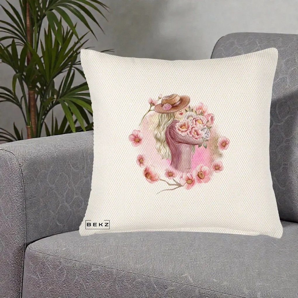 Perna Decorativa Femeie cu Flori Roz Acuarela, 40x40 cm, Crem Reliefat, Husa Detasabila, Perna Inclusa, BEKZ®