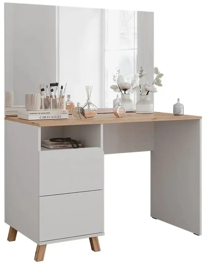 SEA913 - Set masă toaletă 110 cm pentru machiaj cu oglindă LED, opțiune cu sau fără scaun – Design modern și funcțional - Alb - Culoarea Stejar