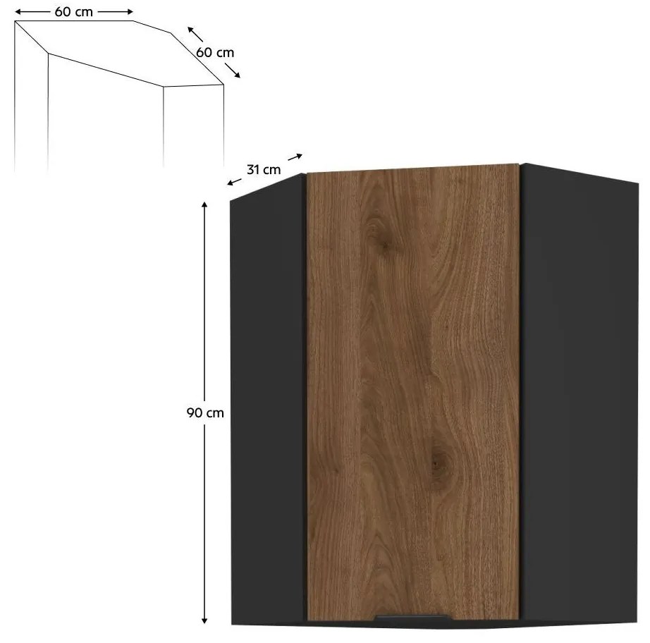 Dulap superior de bucătărie de colț Monzesa 60x60 GN 90 1F (nuc okapi + negru) . 1096954