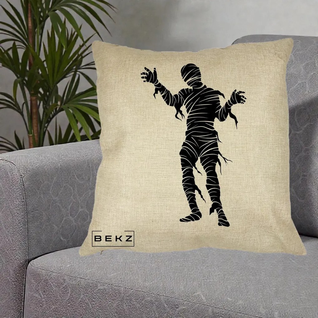 Perna Decorativa Mormii Infricosat Silueta Neagra Halloween, 40x40 cm, Crem, Husa Detasabila, Perna Inclusa, BEKZ®