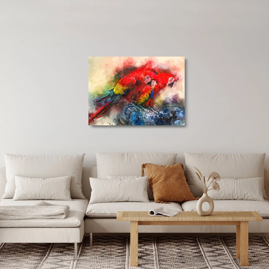 Tablou pe sticlă - Papagali roșii ara (70x50 cm)