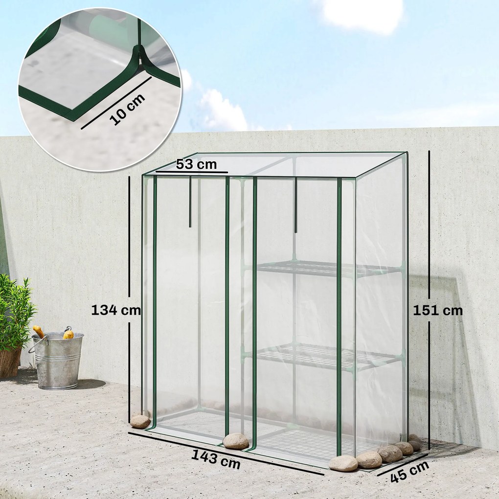Outsunny Mini Seră cu 3 Rafturi, 2 Uși Rulabile, Seră pentru Grădină cu Cadru din Oțel și Acoperire din Plastic pentru Plante, Legume, Flori, Fructe, Anti UV, 143x45x151 cm, Transparentă | Aosom Romania