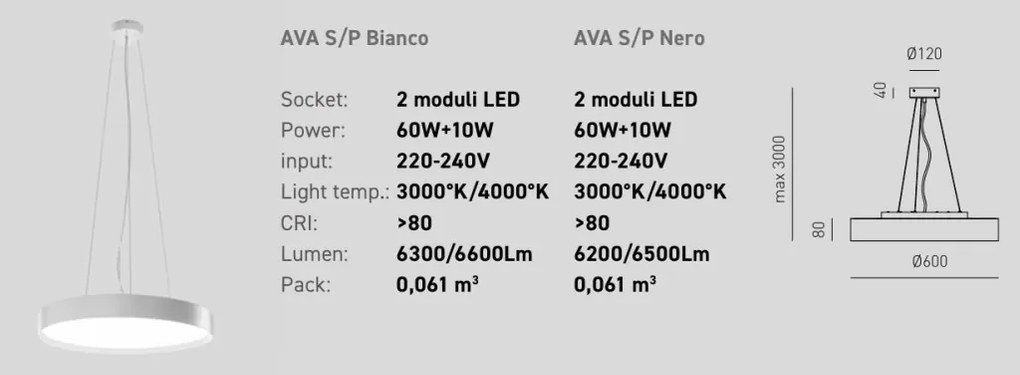 Lustra suspendata LED AVA 60cm, alb sau negru