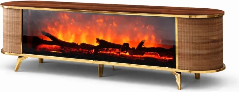 Comoda TV cu șemineu electric și riflaje, boxe Bluethooth, telecomandă, Lemn/Auriu, 180x40x50cm