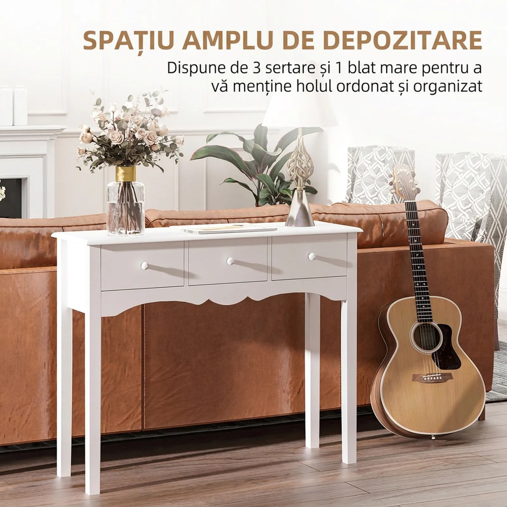 HOMCOM Masă Consolă Modernă cu 3 Sertare, Consolă de Intrare din MDF, pentru Hol, Sufragerie, 100x32x85 cm, Alb | Aosom Romania