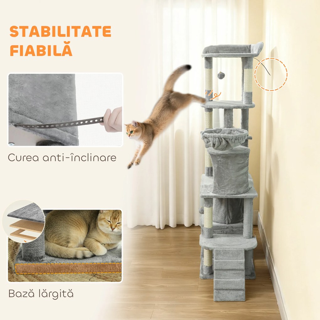 Pawhut Ansamblu de joacă pentru Pisici de 170 cm cu 7 Stâlpi Zgâriători, 2 Căsuțe, Hamac, Gri Deschis | Aosom Romania