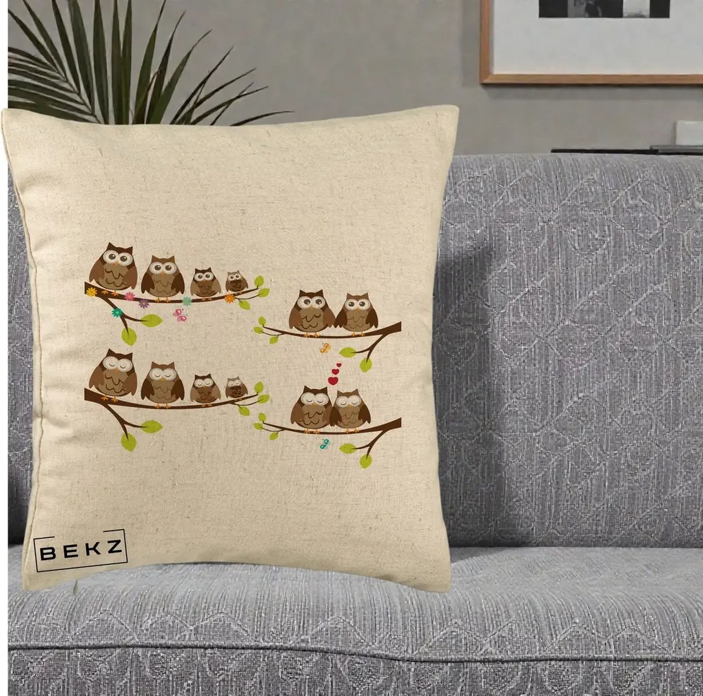 Perna Decorativa Familie de Bufnite pe Ramuri, 40x40 cm, Bej, Husa Detasabila, Perna Inclusa, BEKZ®