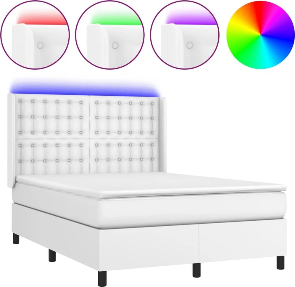 vidaXL Pat cu arcuri, saltea și LED, alb, 140x200 cm, piele eco