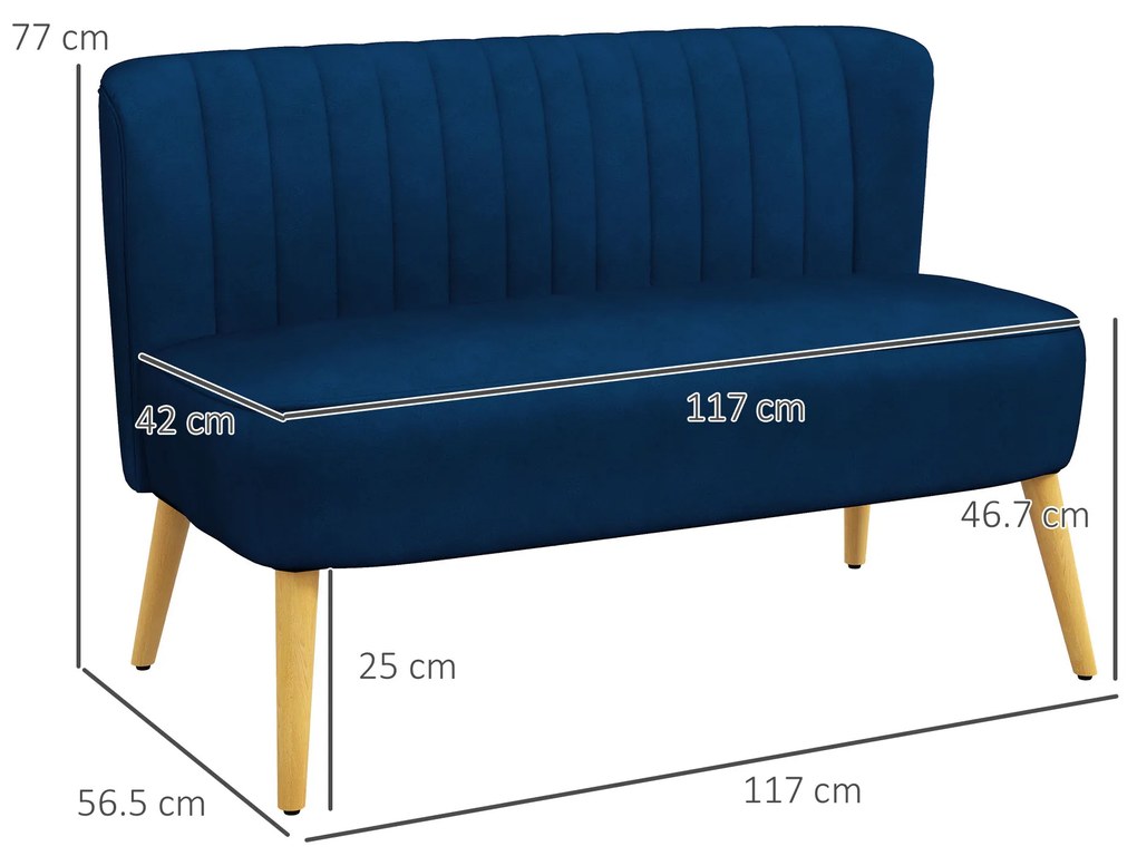 HOMCOM Canapea Design Retro 2 Locuri, Picioare din lemn, 117 cm x 56,5 cm x 77 cm, Albastru | Aosom Romania