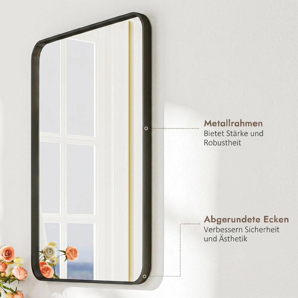 HOMCOM Oglindă de Baie 60 x 80 cm Oglindă Decorativă de Perete cu Ramă Metalică și Cârlig Ușor de Agățat pentru Sufragerie, Hol, Intrare - Negru | Aosom Romania