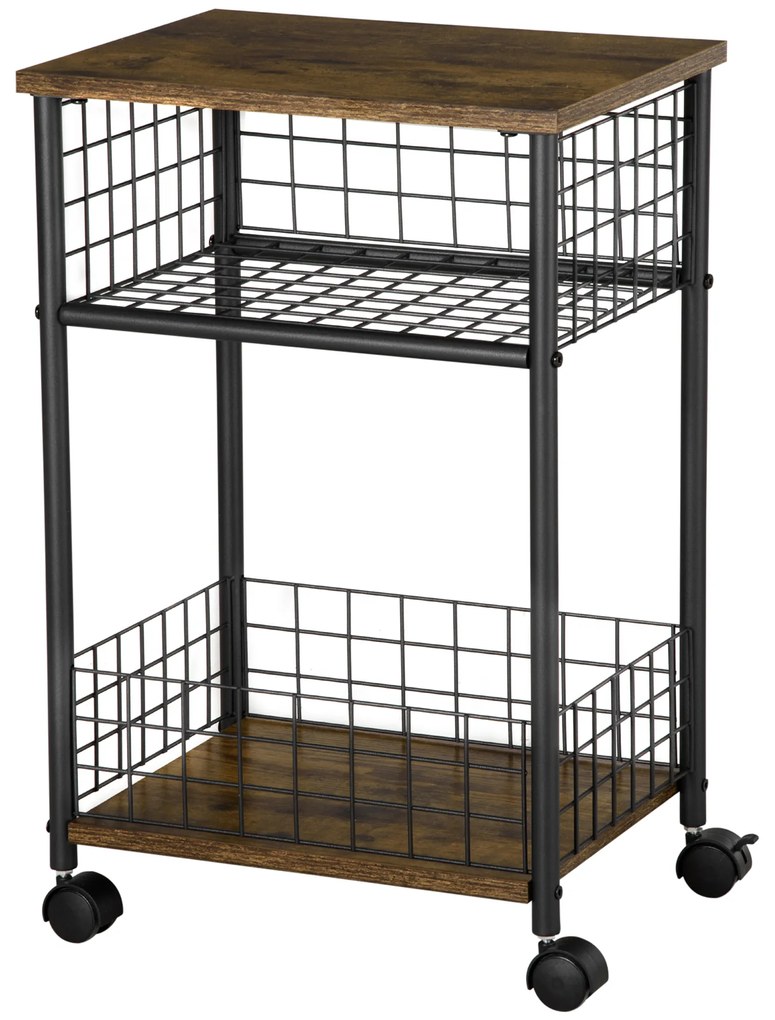 HOMCOM Cărucior cu role, cărucior de servire, 2 compartimente deschise, plan de lucru și role, 40 x 30 x 62 cm, marron | Aosom Romania