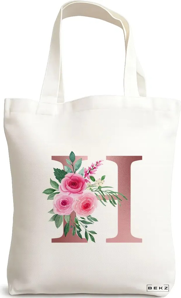 Sacosa de Panza pentru Cumparaturi, Geanta Tote, Cu litera H Rose Gold si Trandafiri, 38x34.5 cm, Alba, BEKZ®