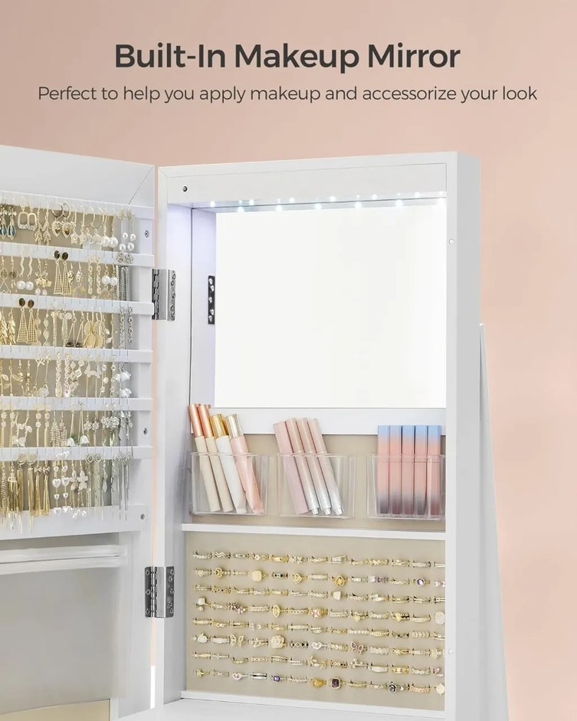 Oglinda de podea cu depozitare bijuterii Alb Songmics 55x55x162 cm