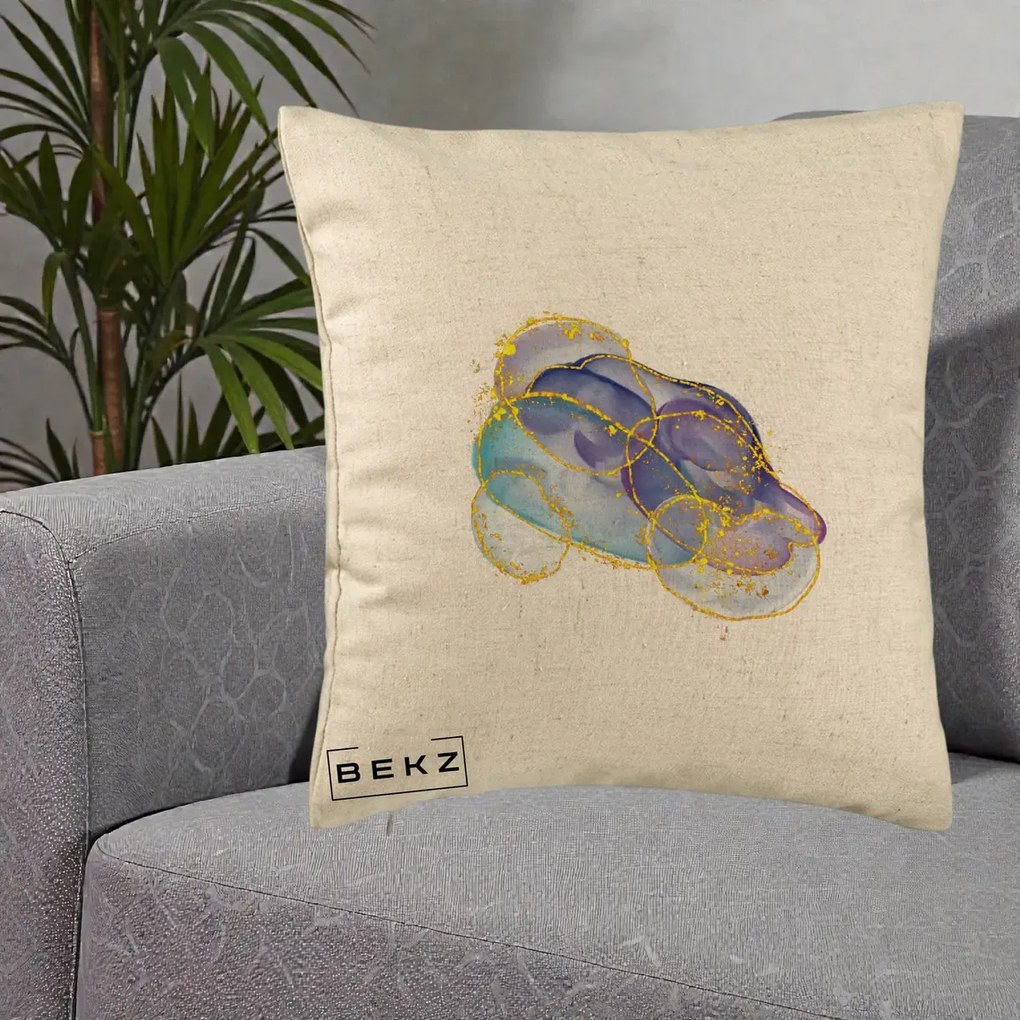 Perna Decorativa Abstract Acuarela Albastru-Mov cu Cercuri Aurii, 40x40 cm, Bej, Husa Detasabila, Perna Inclusa, BEKZ®