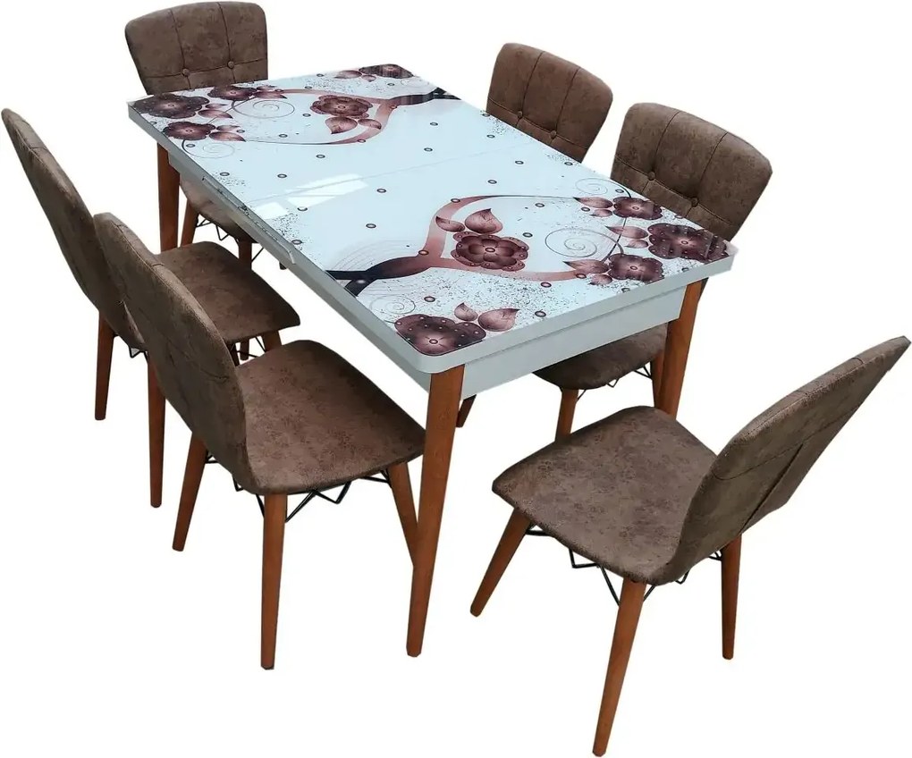 Set masa extensibila picioare lemn, blat sticla securizata +6 scaune tapitate Fusion Homs maro 80x 170 cm