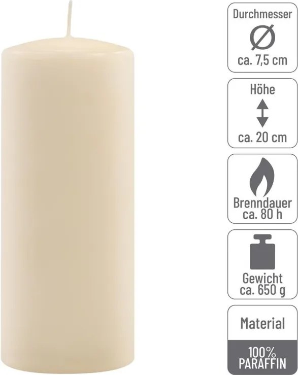 Set de lumânări tip stâlp, 20 cm, Ø 7,5 cm, crem, 4 buc