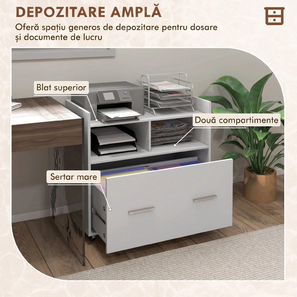 HOMCOM Dulap Lateral de Arhivare cu Roți și Raft Deschis, Sertar Spațios, Bară Reglabilă, Alb | Aosom Romania