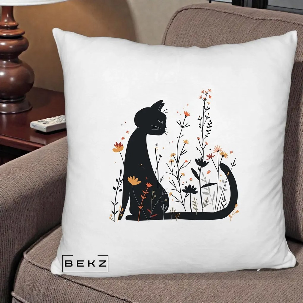 Perna Decorativa Pisica Neagra Flori Portocalii Silueta, 40x40 cm, Alb Pufos, Husa Detasabila, Perna Inclusa, BEKZ®