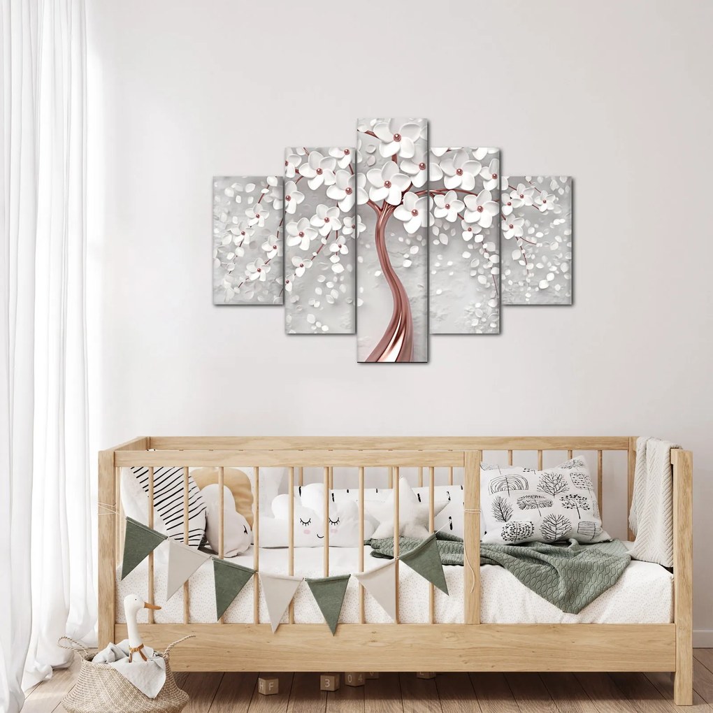 Tablou - Imaginea copacului alb cu flori albe, rosegold (150x105 cm)