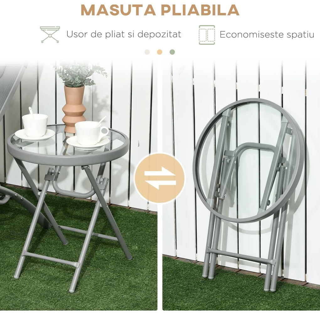 Outsunny Set de 2 Sezlonguri si Masa Pliabila cu Blat din Sticla, Sezlonguri Pliabile pe 4 Niveluri si Perna pentru Tetiera, Gri | AOSOM RO
