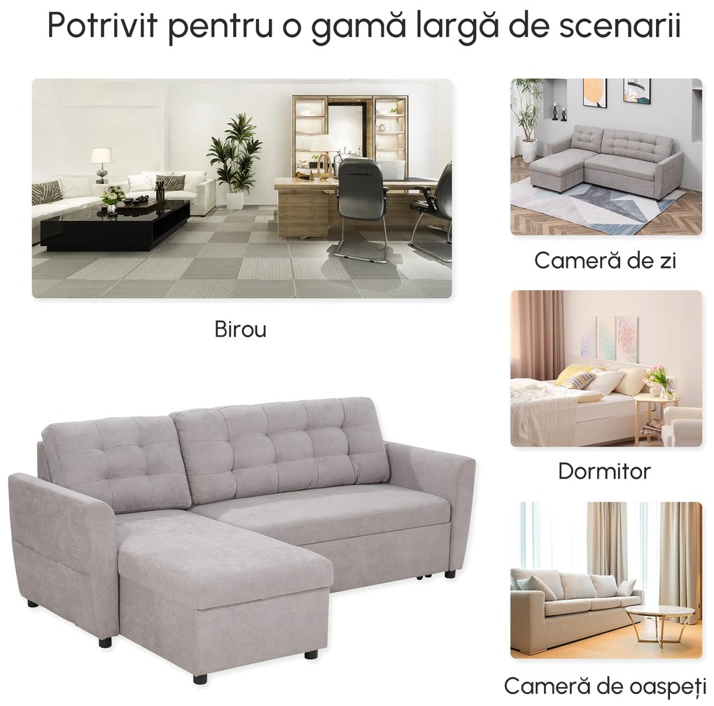 Canapea Extensibila pe Colt cu 3 Locuri si Compartiment de Depozitare, Tapiterie Efect In, Spatar cu perne 217x134x85cm, Gri HOMCOM | Aosom Romania
