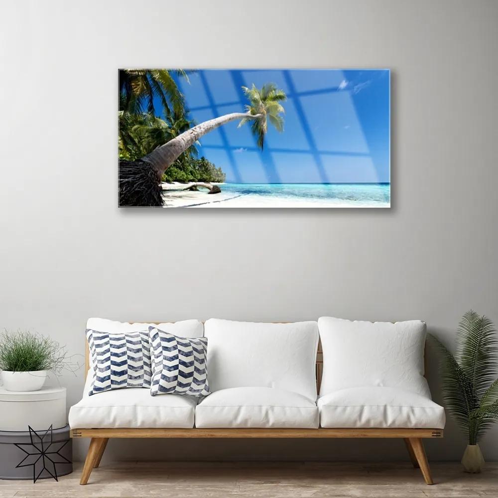Tablou pe sticla Plaja Palm Tree Sea Peisaj Maro Verde Albastru