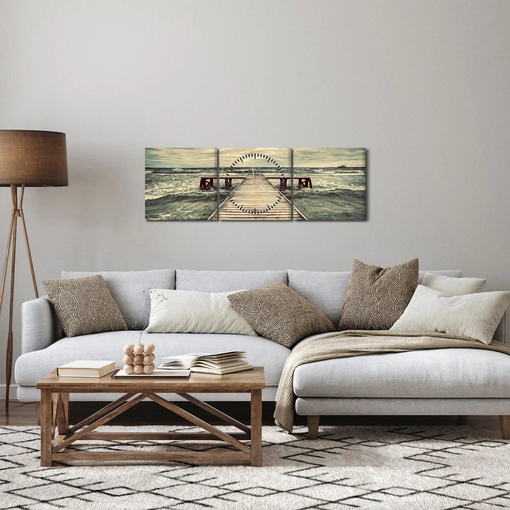 Tablou cu dig din lemn la mare (cu ceas) (90x30 cm)
