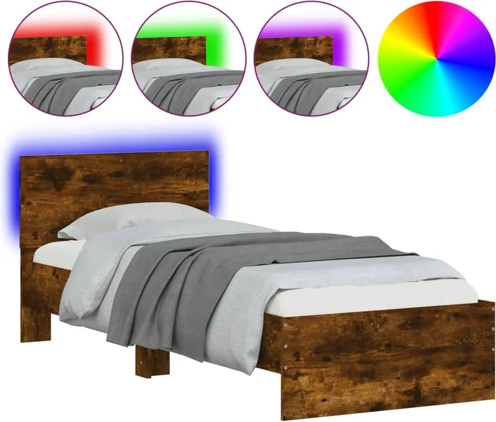 vidaXL Cadru de pat cu tăblie și lumini LED, stejar fumuriu, 75x190 cm