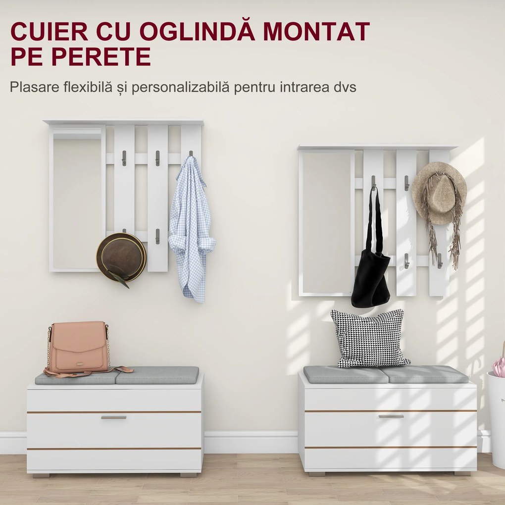HOMCOM Set de Depozitare pentru Hol 4-în-1, Cuiere, Oglindă, Bancă pentru Încălțăminte cu Scaun, 85x35x49 cm, Alb | Aosom Romania