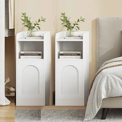 NOA78 - Set 2 Noptiere, 24 cm, foarte inguste, cu Raft si Dulapior - Alb