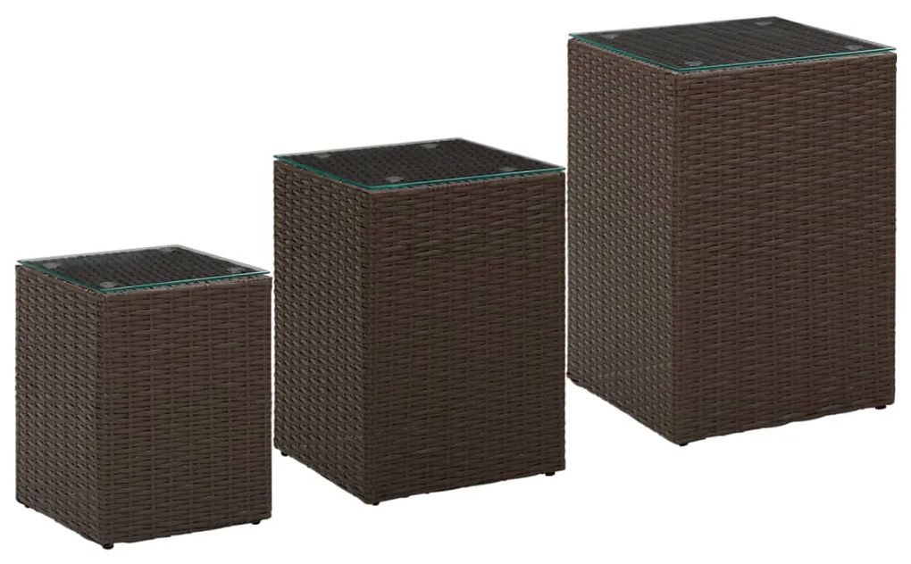 vidaXL Mese laterale cu blat de sticlă, 3 buc., maro, poliratan