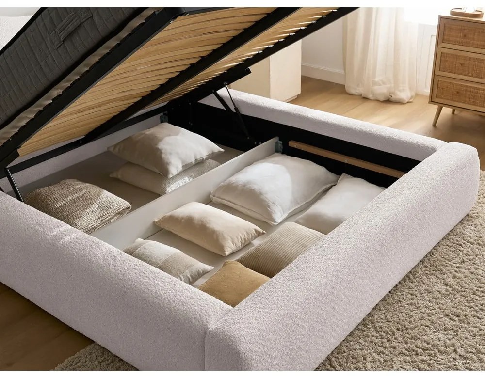 Pat matrimonial alb tapițat cu spațiu de depozitare cu somieră 160x200 cm Orlane – Bobochic Paris