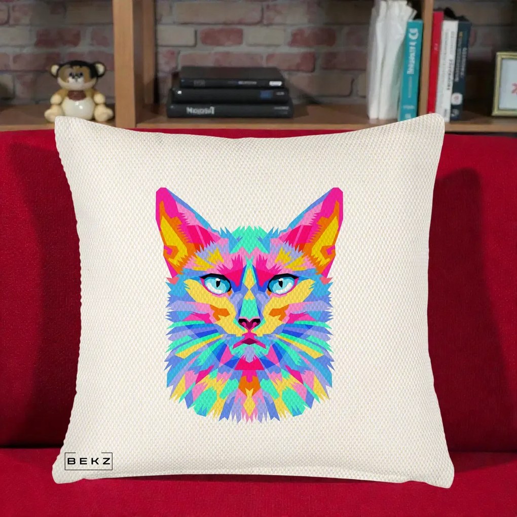 Perna decorativa Pisica Pop Art Multicolor, 45x45 cm cu Umplutura, Crem Reliefat, BEKZ