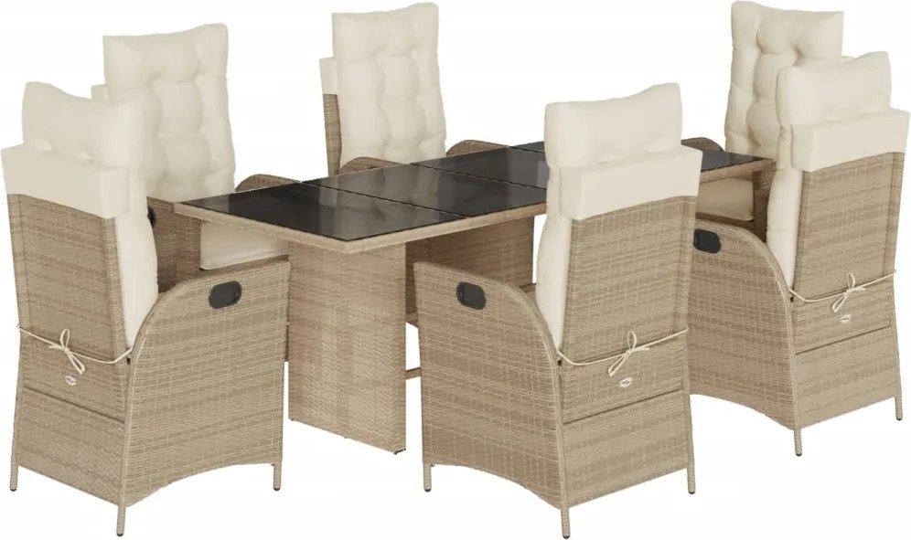 vidaXL Set de masă pentru grădină, 7 piese, cu perne, bej, poliratan
