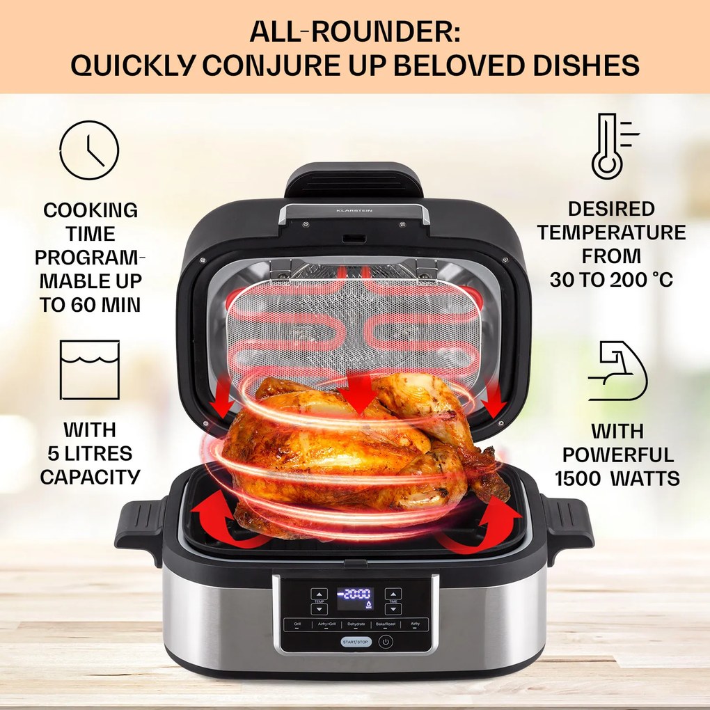 Klarstein Combo Air, friteuză cu aer cald și grill, 5 programe, 1500 W, coș de grătar de 4,5 l, coș de prăjire de 2,5 l
