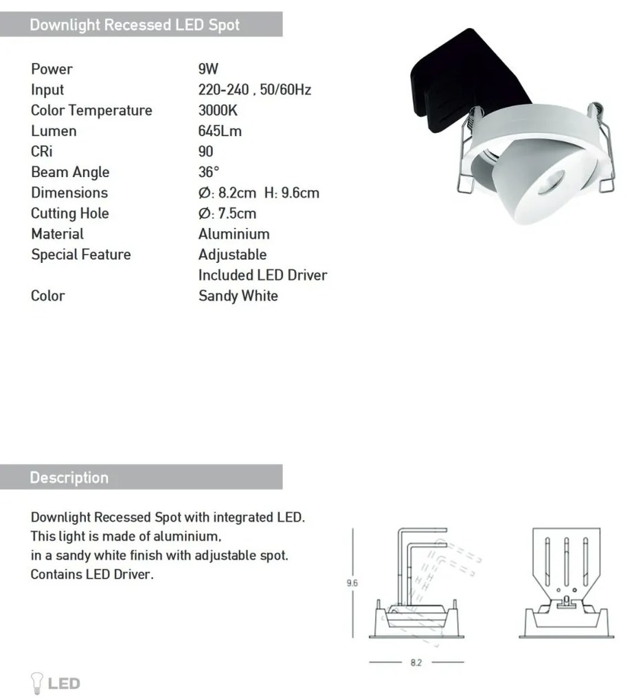 Spot LED reglabil Trimless 9W 3000K alb