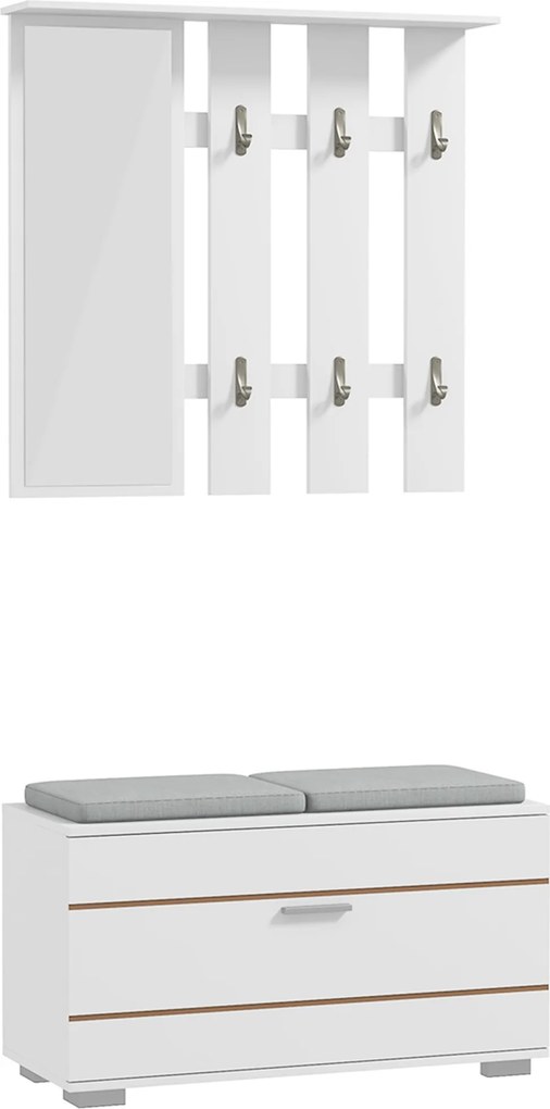 HOMCOM Set de Depozitare pentru Hol 4-în-1, Cuiere, Oglindă, Bancă pentru Încălțăminte cu Scaun, 85x35x49 cm, Alb | Aosom Romania