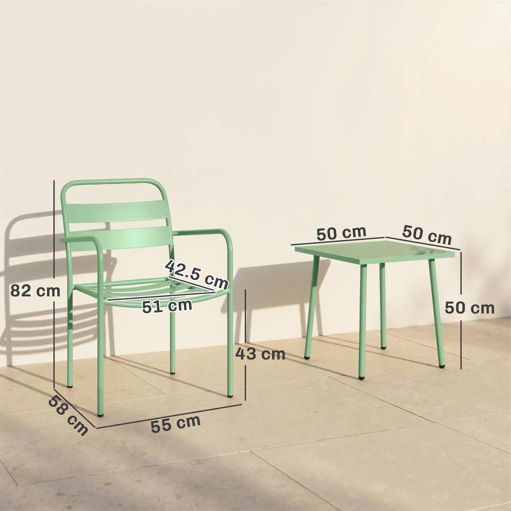 Outsunny Set bistro de grădină 3 piese - masă cu blat din sticlă securizată și 2 scaune cu șipci, cadru din oțel galvanizat, verde | Aosom Romania