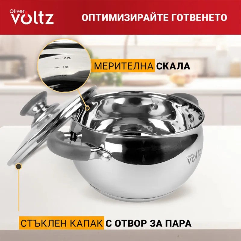 Oala Oliver Voltz OV51210N22, 22 cm, 4,6 l, Inductie, Manere din silicon gri, Inox/Gri