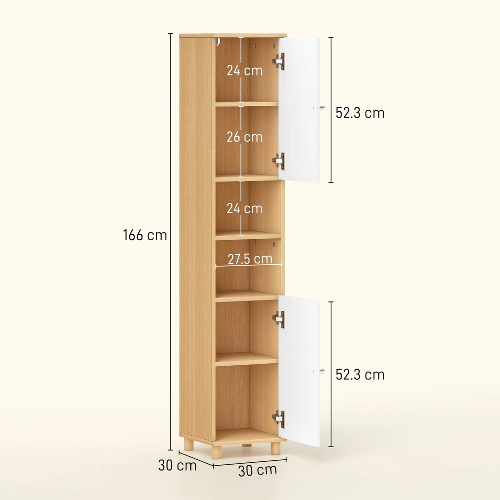 HOMCOM Dulap de Baie înalt cu Uși, 2 Rafturi Deschise, 2 Dulapuri, Dulap de Baie Economisitor de Spațiu cu Rafturi Reglabile pentru Sala de Mese Sufragerie, 30x30x166 cm, Alb și Lemn | Aosom Romania