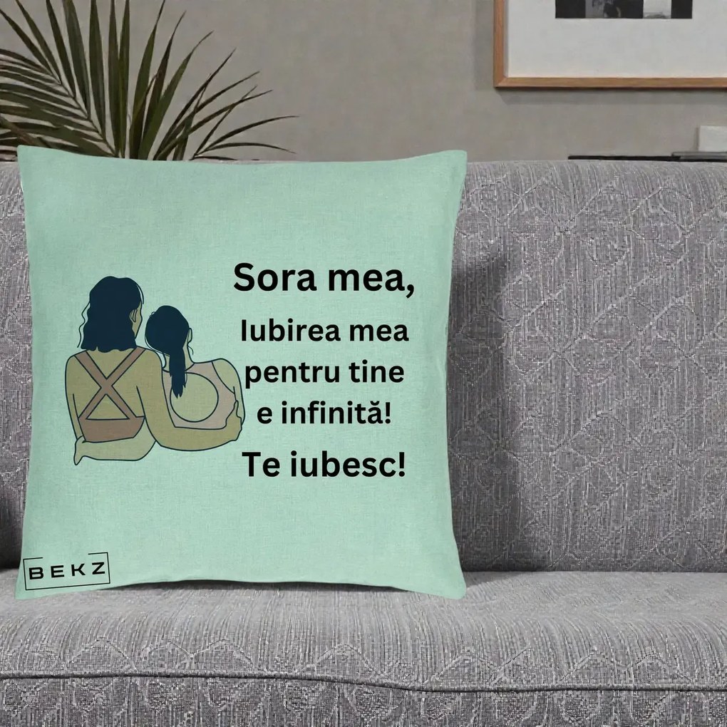 Cadou pentru Sora - Perna Personalizata Sora Mea Te Iubesc Doua Fete Fashioniste Line Art, 40x40 cm, Verde Menta, Husa Detasabila, Perna Inclusa, BEKZ®