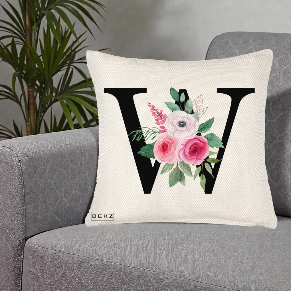 Cadou Personalizat - Perna Personalizata Monograma Florala Litera W cu Trandafiri si Anemona, 40x40 cm, Crem Reliefat, Husa Detasabila, Perna Inclusa, BEKZ®