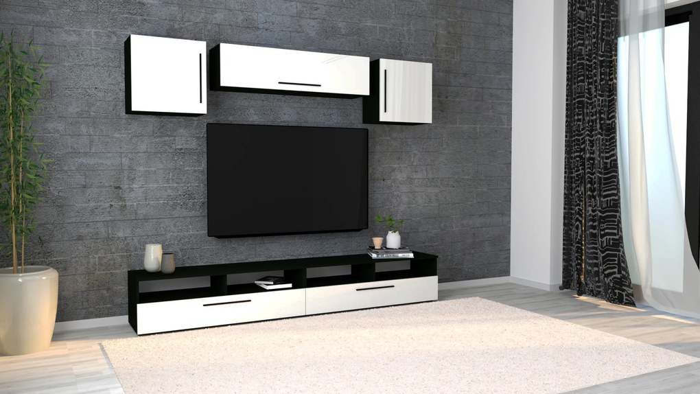 Living haaus Haga V16, Alb Lucios/Negru, MDF, L 240 cm