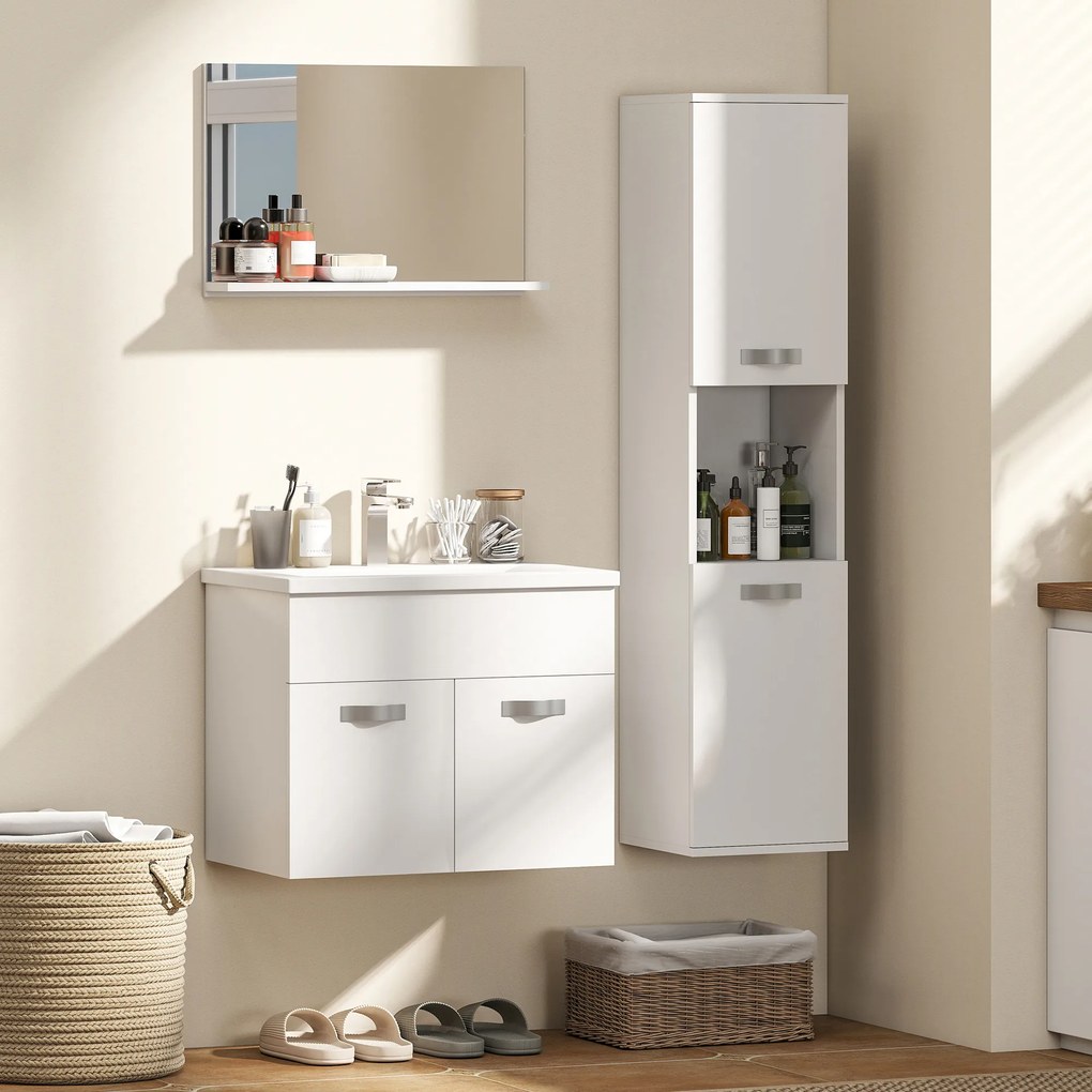 kleankin Set de mobilier pentru baie 4 piese, montat pe perete, cu oglindă, corp sub lavoar, lavoar și coloană înaltă, alb | Aosom Romania