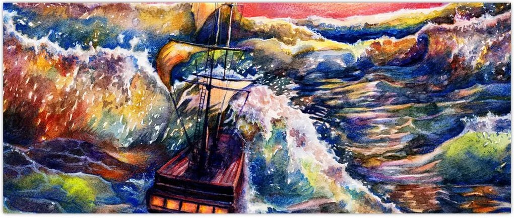 Tablou - Navă pe valurile oceanului, aquarelă (120x50 cm)