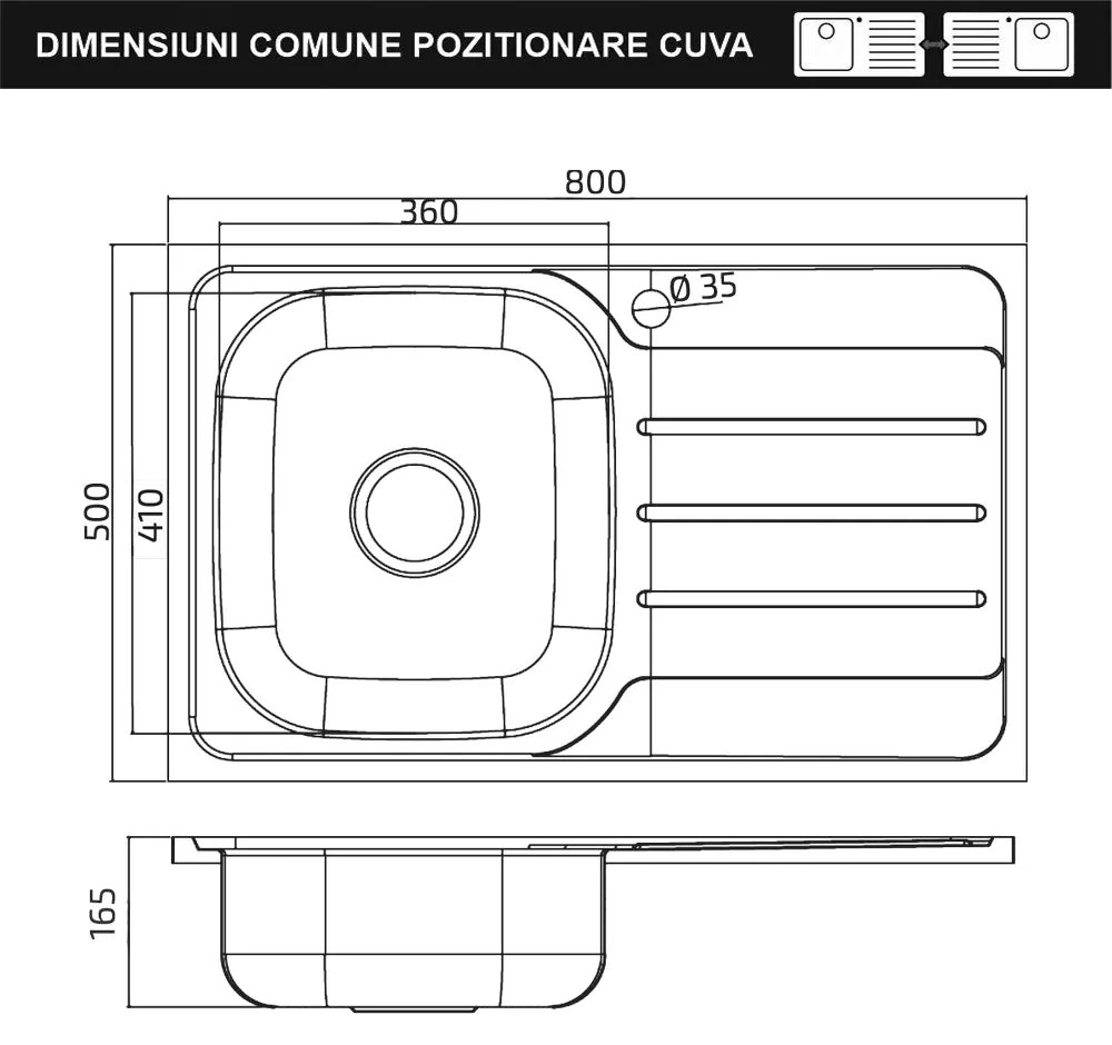 Chiuveta Sanobi, 1 Cuva dreapta, Inox lucios, pe blat, 80 x 50 cm