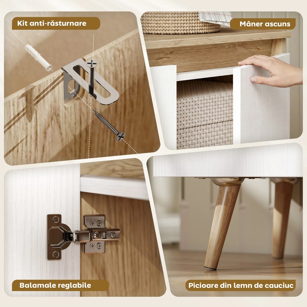 HOMCOM Bufet Bucătărie, Mobilier Bucătărie cu 3 Uși, Rafturi Ajustabile și 5 Picioare din Lemn de Cauciuc, Stil Modern, Bufet pentru Living, Sufragerie, Sală de Masă, Alb și Stejar | Aosom Romania