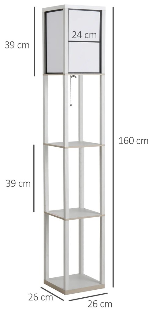 HOMCOM Lampă de Podea 40W cu 3 Rafturi Integrate și Comutator de Picior, Lampă Modernă din MDF și Acrilic, 26x26x160 cm, Alb | Aosom Romania