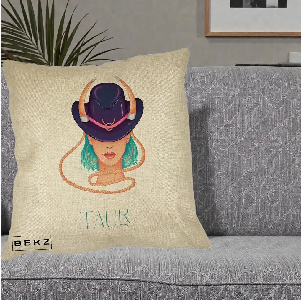 Perna Personalizata Zodie Taur, 40x40 cm, Crem, Husa Detasabila, Perna Inclusa, BEKZ®